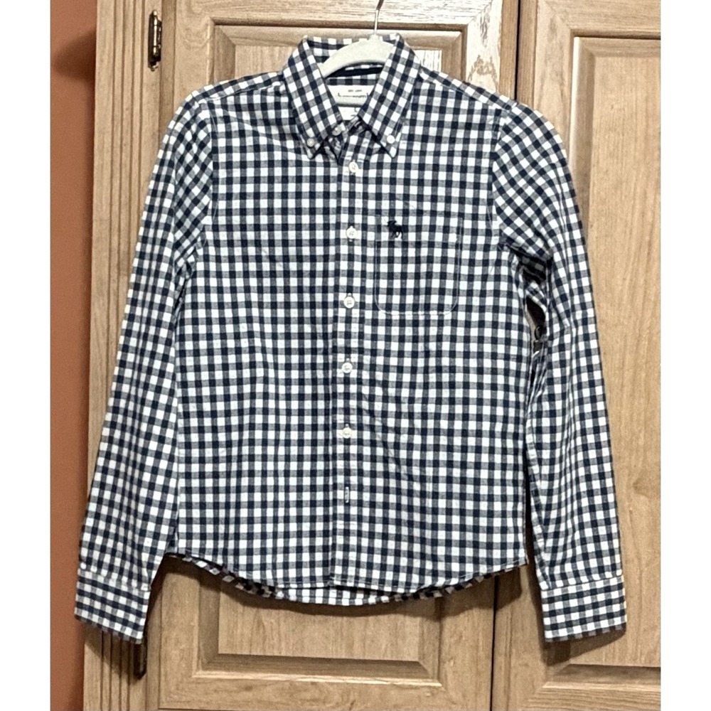Abercrombie & Fitch Button Down Shirt Kids Boys Large Muscle Blue Plaid Collar